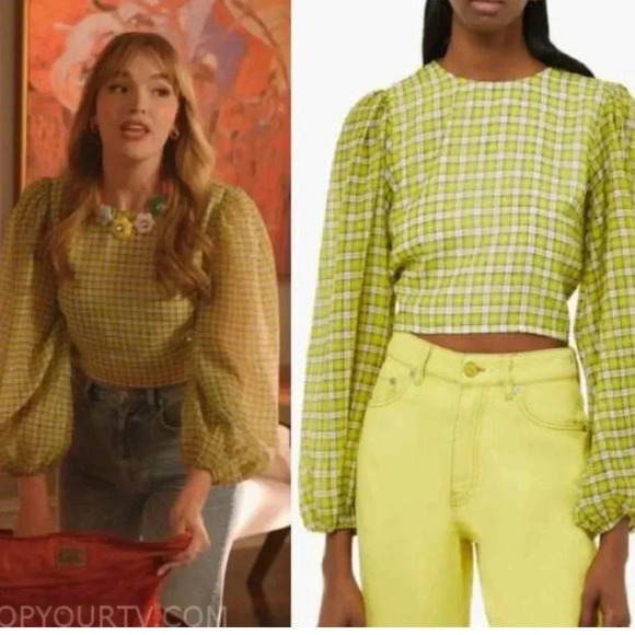 Ganni Womens 8 - 10 Yellow Plaid Organza Puffed Sleeve Cropped Top Blouse - Picture 14 of 15